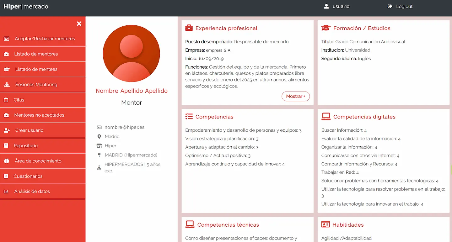 Captura de pantalla de la plataforma de Mentoring mostrando la ficha de perfil de un mentor con desglose de competencias digitales, experiencia profesional, formación y menú lateral de gestión de sesiones.