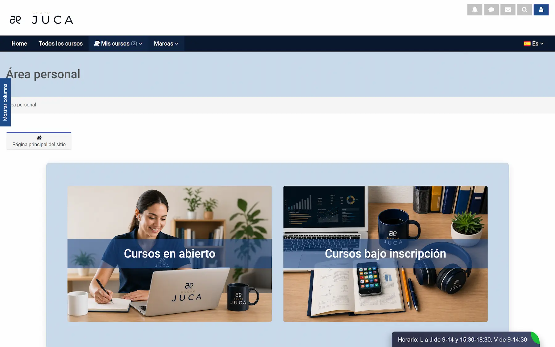 Panel de inicio y portal de acceso del campus virtual e-learning con catálogo de cursos corporativos.