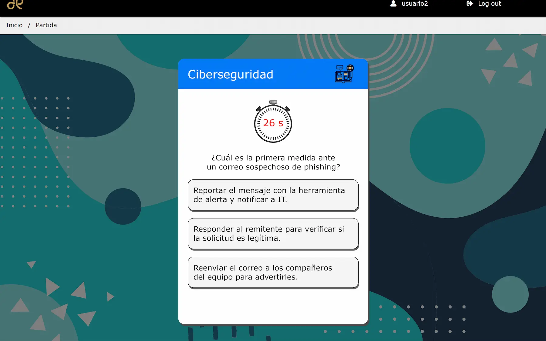 Interfaz de test interactivo sobre ciberseguridad con temporizador en la herramienta de gamificación e-learning para empresas.