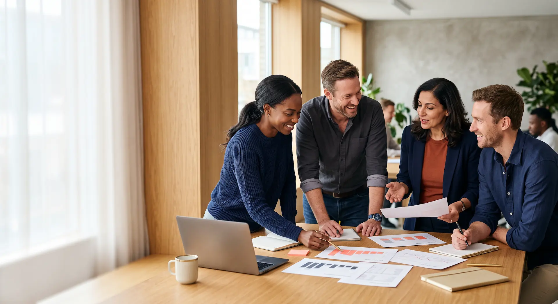 Consultores estratégicos analizando informes y planificación para empresas en Grupo JUCA.
