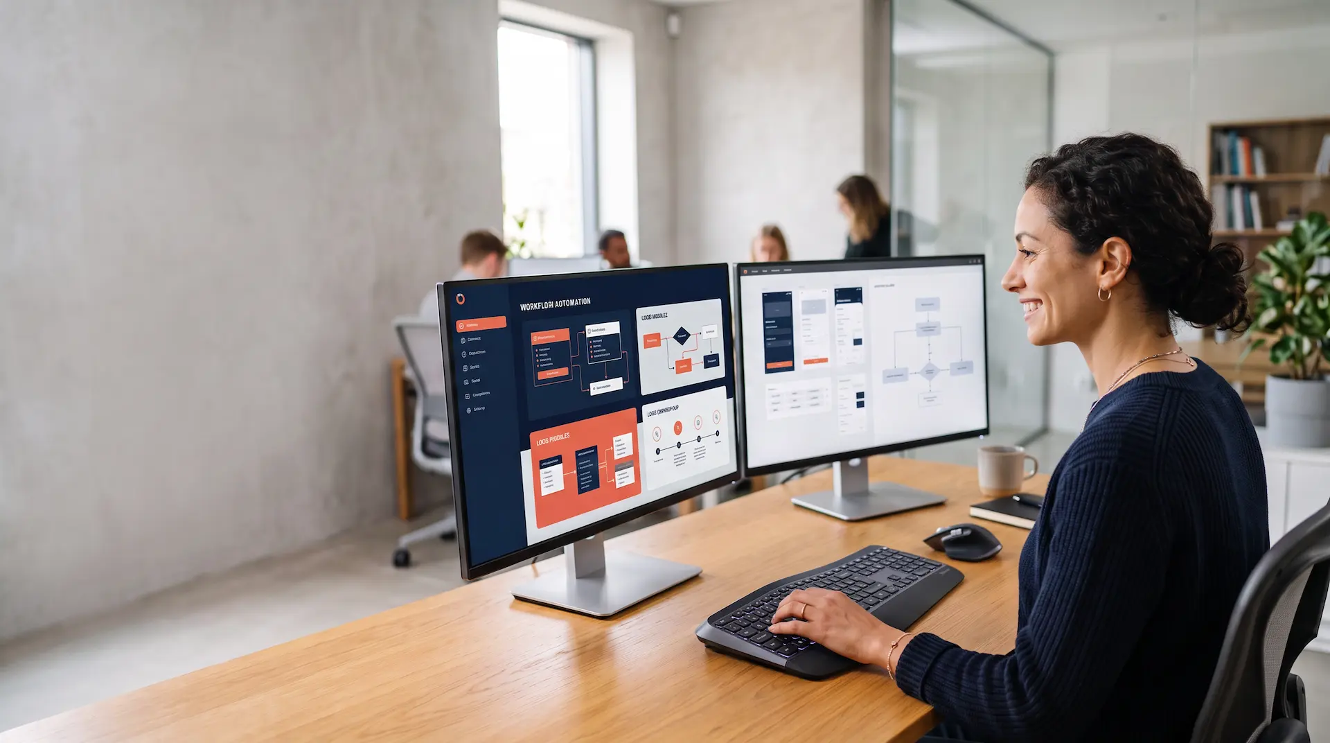 Especialista en desarrollo de software diseñando diagramas de automatización de procesos y UI a medida.