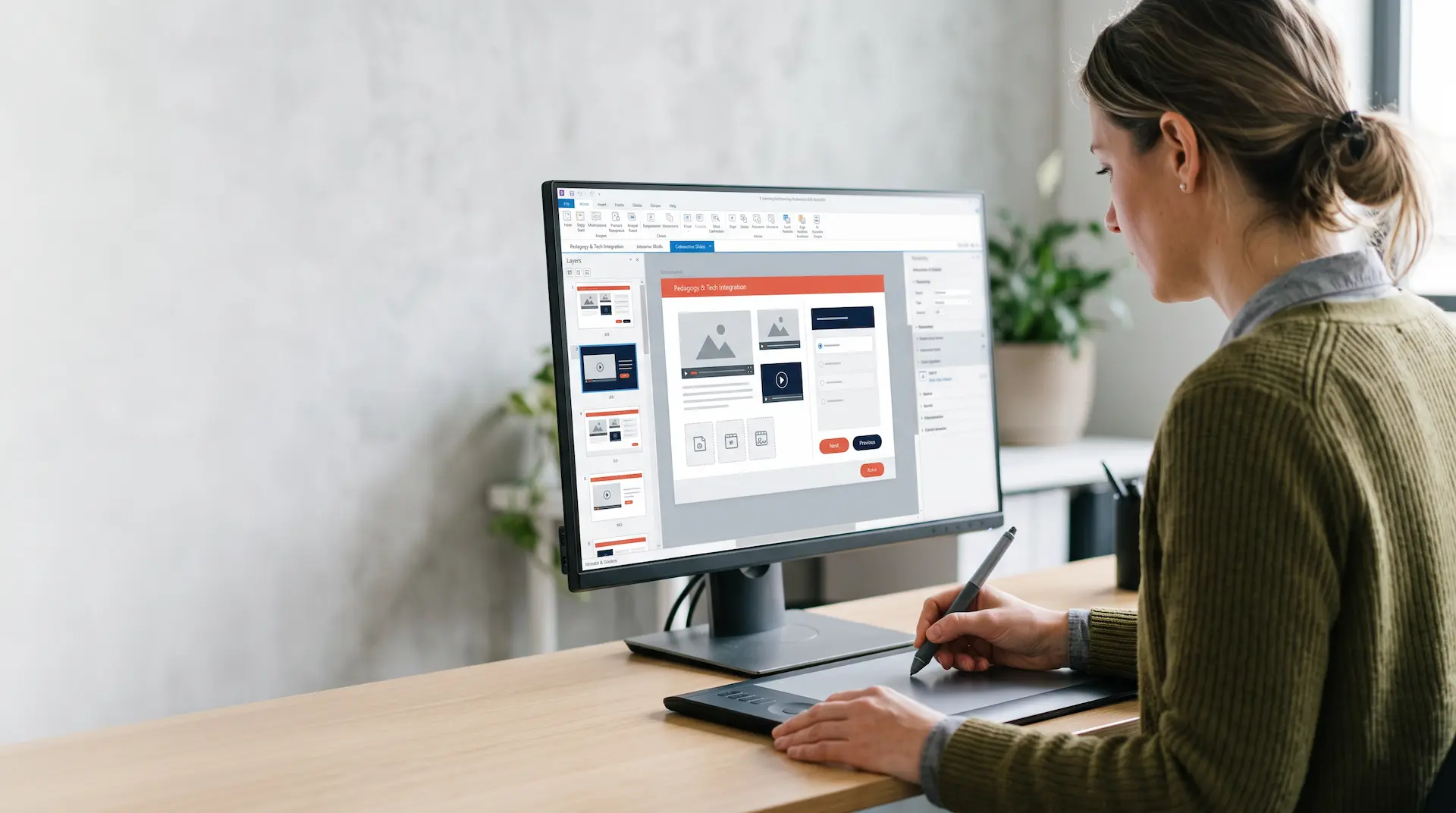 Diseñadora multimedia creando y digitalizando contenidos interactivos para cursos SCORM.