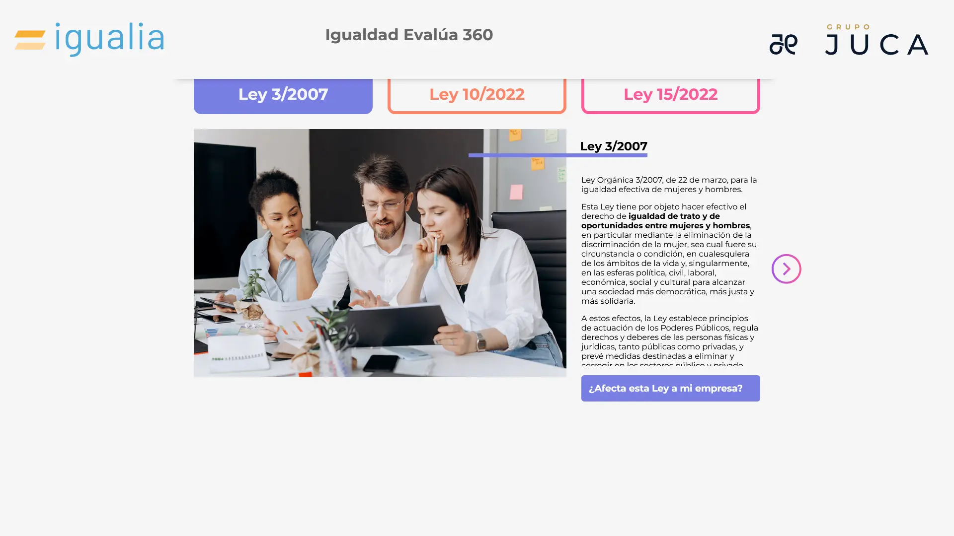 Captura de la interfaz de la herramienta Igualdad Evalúa 360 (PYMES360) de Grupo JUCA, mostrando la introducción a la ley española de igualdad: Ley 3/2007.