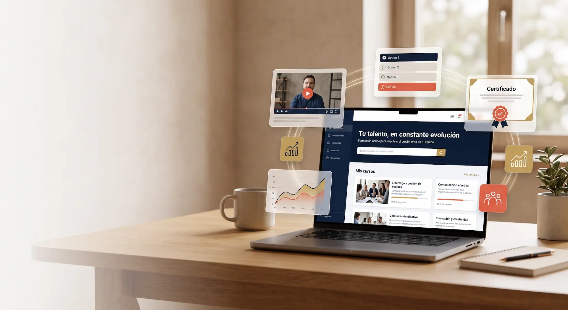 Plataforma de formación e-learning corporativa para empresas con contenidos interactivos y seguimiento de progreso.